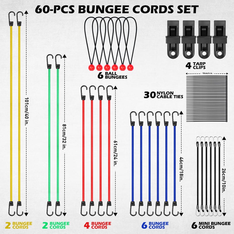 SEDY 60-Piece Bungee Cords Assorted Sizes - 10" 18" 24" 32" 40" Bungee Cords with Hooks, Heavy Duty Outdoor, Large Medium Small Mini Elastic Canopy Tarp Bungee Ball Ties Tarp Clips Organizer - Image 2